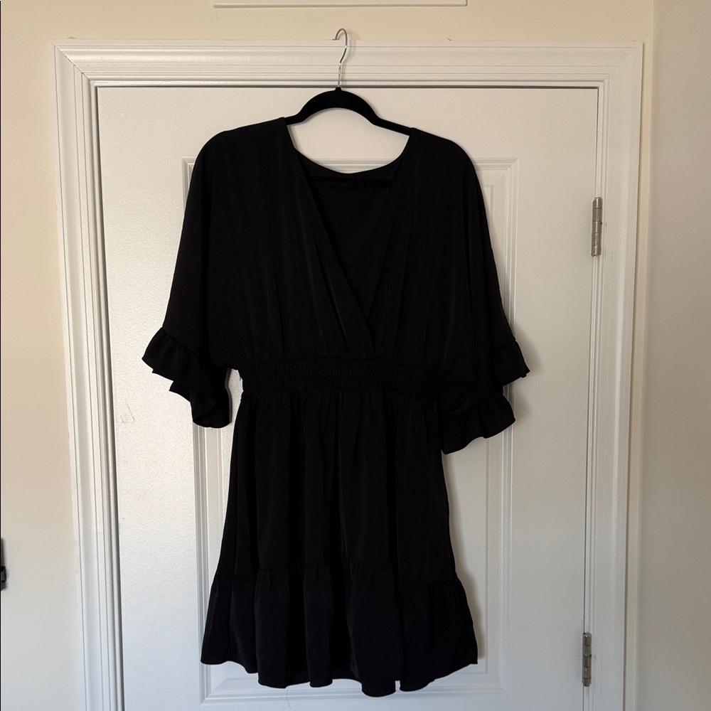 Black Ruffle Sleeve V-Neck Mini Dress